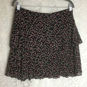 Trina Turk 93% Silk Mini Skirt Tiered Ruffle Black Colorful Abstract Bow Print 6